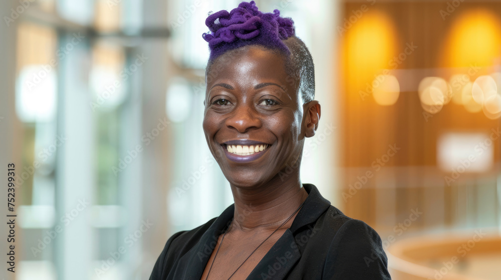 Black woman smiling with purple hair. Vivid image Black woman smiling with purple hair. Vivid image