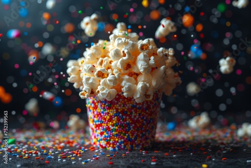 Festive explosive popcorn in a glass on a black background photo