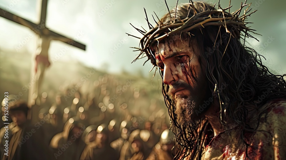 Jesus Christ in the crown of thorns, close-up frontal portrait, his face against the background of Calvary and the cross, crowd, before of the crucifixion, Easter biblical scene, AI generated - obrazy, fototapety, plakaty 