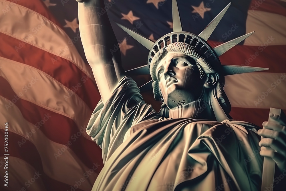 Obraz premium Statue of Liberty Against American Flag Background