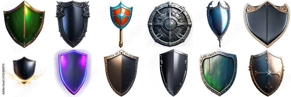 A collection of various shields, showcasing a diverse range of designs and colors. Set of 12 different isolated shields with transparent backgrounds. Realistic, fantasy, cartoon, abstract image, each A collection of various shields, showcasing a diverse range of designs and colors. Set of 12 different isolated shields with transparent backgrounds. Realistic, fantasy, cartoon, abstract image, each