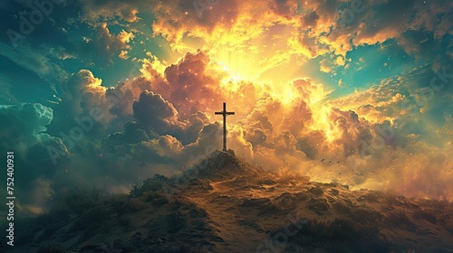 Calvary hill with an empty cross on top, the resurrection of Jesus in Easter day, religious plot, against the backdrop of a cloudy sky and desert, AI generated photo