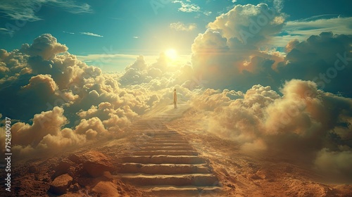 Jesus Christ ascends the stairs in clouds to heaven, Easter biblical story of the resurrection and ascension of Christ, AI generated