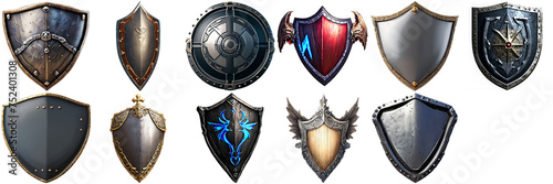 A collection of various shields, showcasing a diverse range of designs and colors. Set of 12 different isolated shields with transparent backgrounds. Realistic, fantasy, cartoon, abstract image, each 