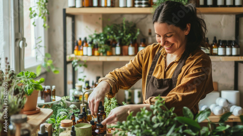 Cheerful woman in apron works with various herbs and essential oils.
