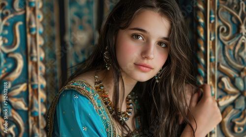 European girl posing in traditional clothes of Asian cultures