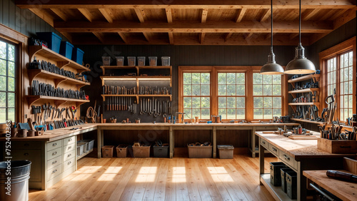 A room with wooden shelves on the walls filled with various tools.