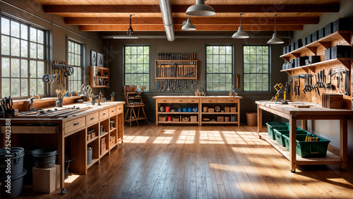 A large, well-lit workshop with two wooden workbenches, several windows, and numerous tools hanging on the walls.