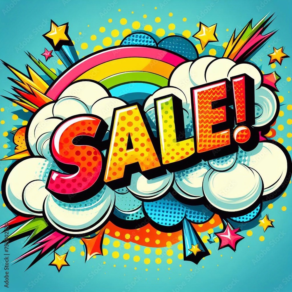 Sale! on a cloud in bright colors, pop-art style. AI generated illustration