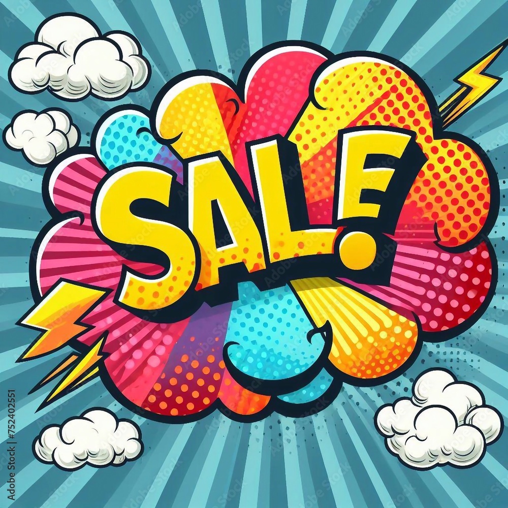 Fototapeta premium Sale! on a cloud in bright colors, pop-art style. AI generated illustration