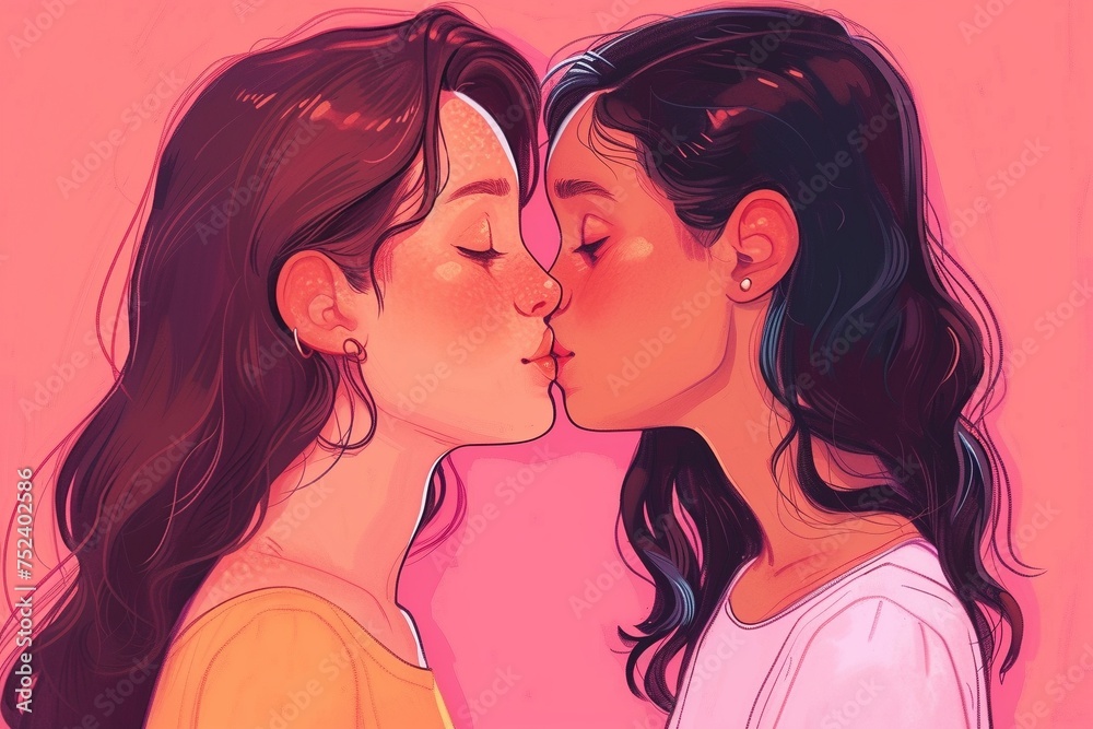 Illustration von zwei sich küssenden und verliebten jungen Frauen 