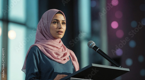 Arab muslim businesswoman speaks at stage during the conference or meeting. Islamic businessperson talking in public photo