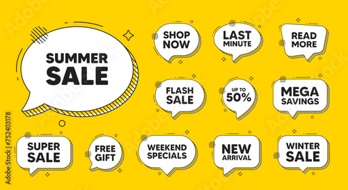 Offer speech bubble icons. Summer Sale tag. Special offer price sign. Advertising Discounts symbol. Summer sale chat offer. Speech bubble discount banner. Text box balloon. Vector