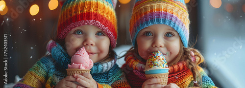  two babys with icecream. Image very colorful