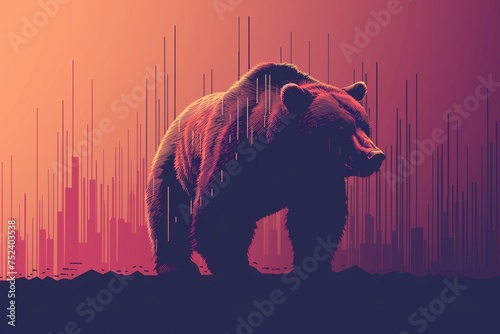 Bär vor roten Aktienkursen, symbolisch für den Bärenmarkt  photo