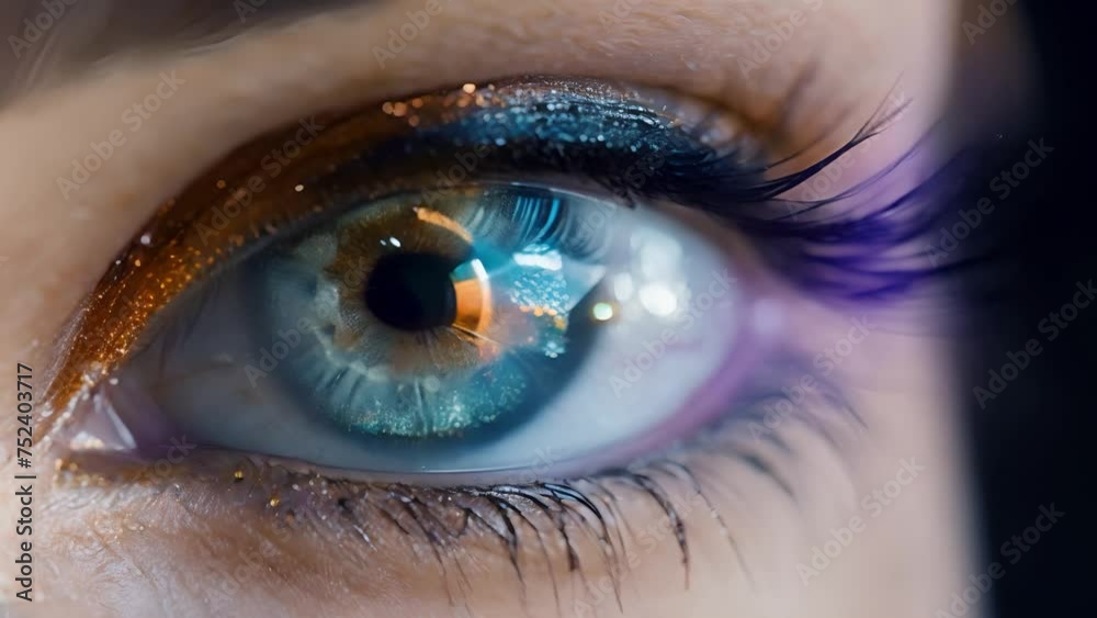 perfect blue eye macro in a sterile environment and perfect vision in resolution 4k video, concept, the vision of the future and healthy life concept. Beautiful eye with sparks. Close up