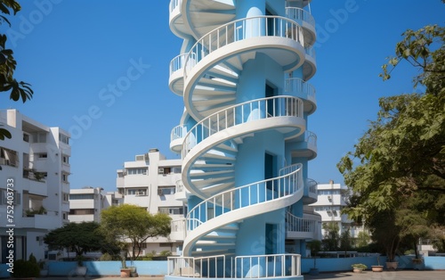 White spiral staircase in the park with blue sky background, Thailand.