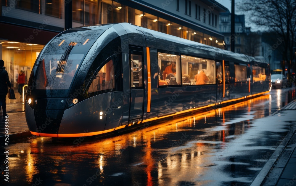Modern high-speed train on the street of the city at night