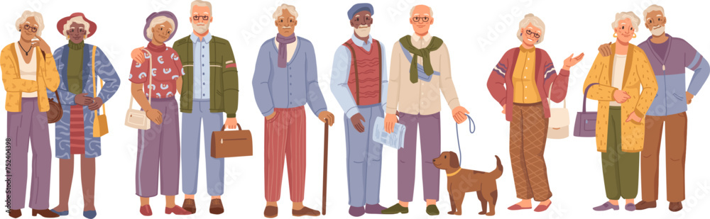 fashionable and happy senior people character set 