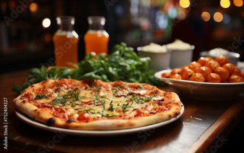 Pizza with mozzarella cheese and herbs on a wooden table