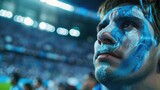 Passionate Soccer Fan in Blue, vivid close-up of a soccer fan with his face painted in blue, embodying the fervor and spirit of the game
