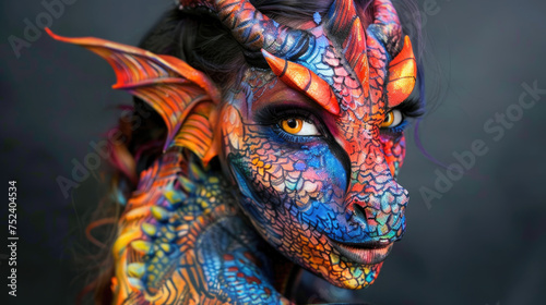 Fantasy portrait. Makeup of a mythical dragon. Professional makeup for filming