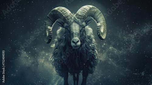 Celestial Aries Ram in Cosmic Dust, artistically rendered Aries ram, characterized by its massive curled horns, emerges from the starry expanse of cosmic dust