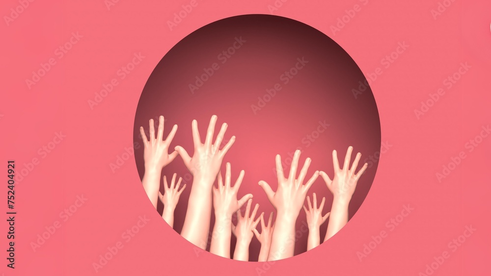 Celebration Hands in the circle isolated with pink background 