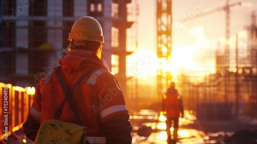 Construction Worker at Sunset, construction worker in reflective gear observes a site at sunset, helmet in hand, contemplating progress