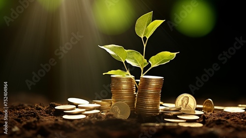 Investment concept, Coins growing on the ground and green bokeh background
