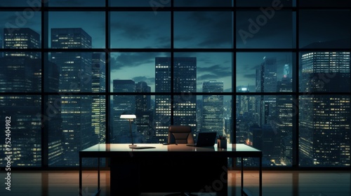 Office interior with night city view and daylight. 3D Rendering