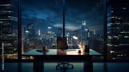 Office workplace with city view at night. 3D Rendering. © Miguel