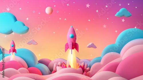 3D style illustration of a vibrant pink and pastel landscape with rockets taking off towards a starry sky above whimsical clouds