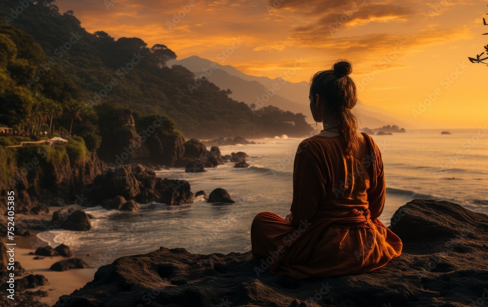 Silhouette of a Buddhist monk sitting on a rock by the sea and looking at the sunset