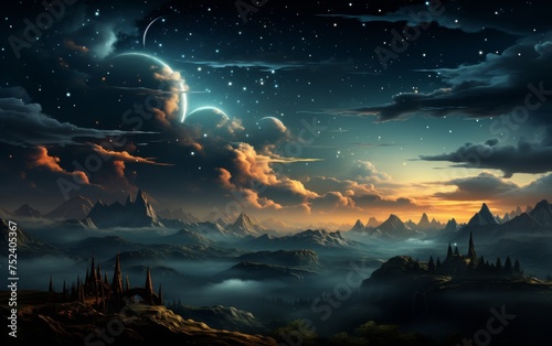 Fantasy landscape with ancient temples and the moon. 3d illustration