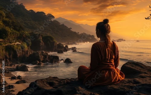 Silhouette of a Buddhist monk sitting on a rock by the sea and looking at the sunset