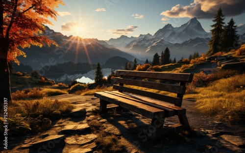 bench in the mountains at sunset. beautiful autumn landscape in the mountains