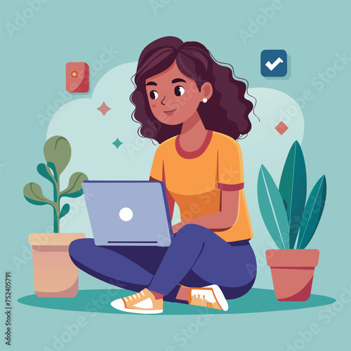 Young good looking woman using laptop and work