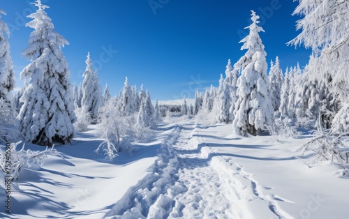 Winter landscape with snow covered fir trees and path in the mountains. © Miguel