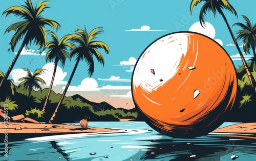 Cartoon illustration of a beach with palm trees and a big ball