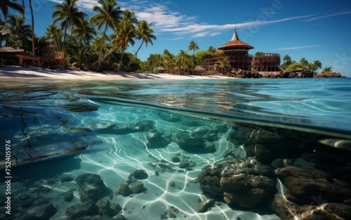 Tropical beach with palm trees and bungalows at Seychelles