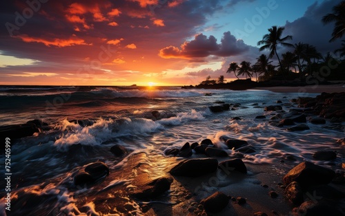 Tropical beach at beautiful sunset. Nature background. Long exposure.