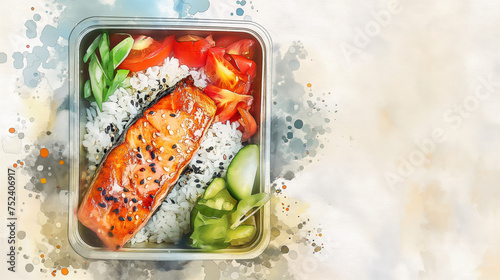 top view of grilled salmon over rice in lunch box in watercolor style