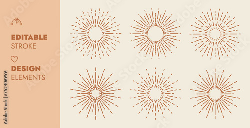 Geometric Sun Rays, Sunburst Rays Set, Round decorative element. Editable Stroke Vector Illustration