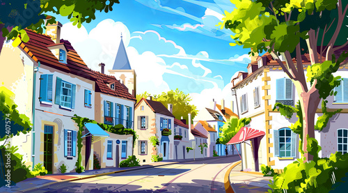living in France, old town city illustration in cartoon style