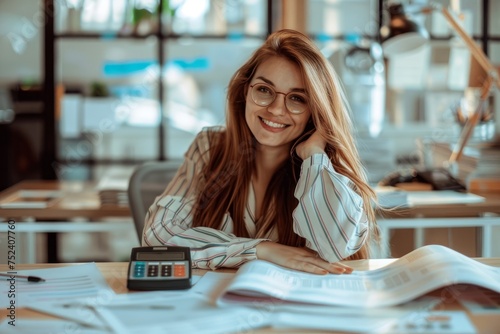 Female financier with calculator working inside office at workplace, businesswoman behind paper work satisfied smiling, good achievement results, working with contract, accounts and chart,GenerativeAI