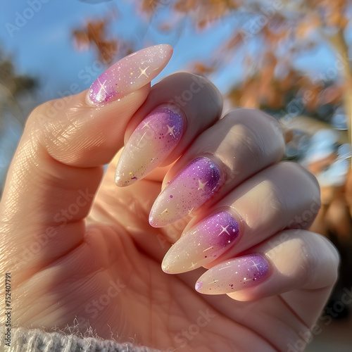 a closeup photo of a hand with cute nail art  neutrals  with a pastel pink nebula background 