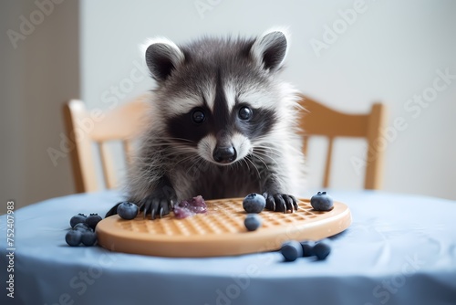 adorable baby raccoon in a high chair with a bib on about to eat a blueberry pie.