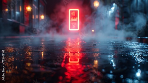 The reflection of neon lights, the searchlight as well as smoke on the wet asphalt. Abstract light in a dark, empty street.