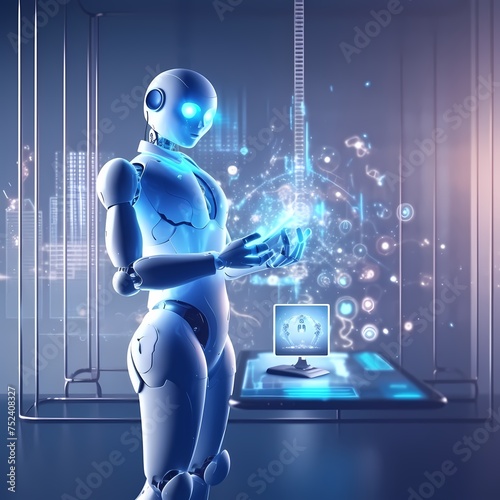 Artificial intelligence 3D robot programming computer interface AI chatbot futuristic cyber space metaverse background, digital world technology